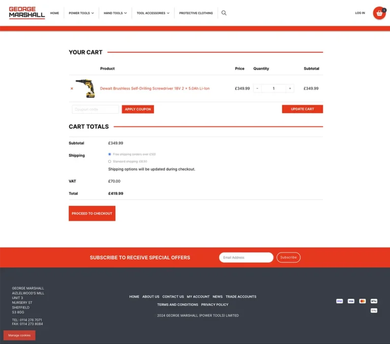 George Marshall Power Tools website cart page